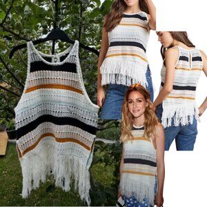 TULAROSA Brent Striped Crochet Slanted Knit Tank Fringe, Sz S